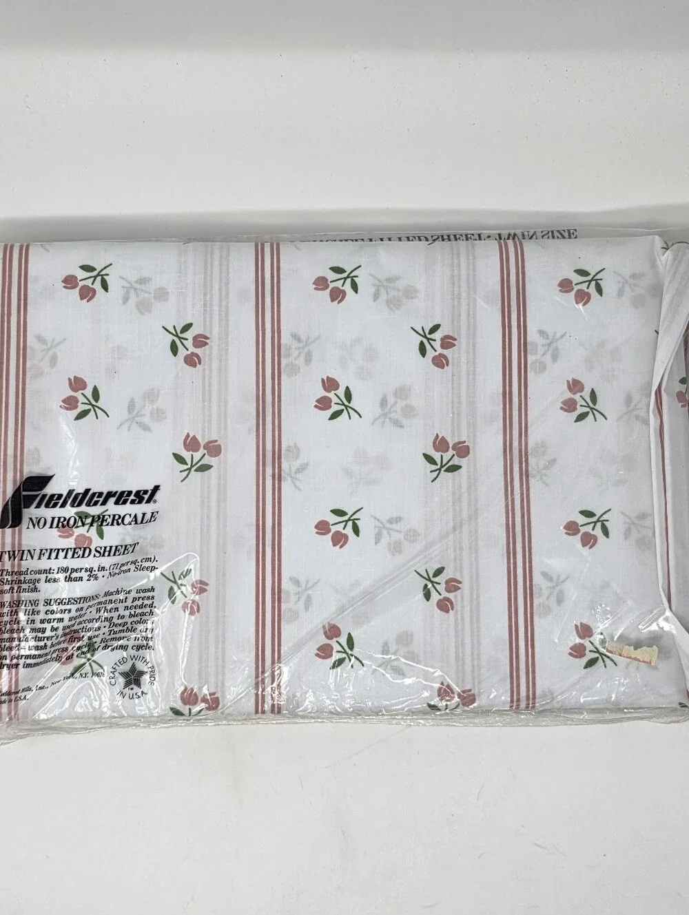 Fieldcrest No Iron Percale Twin Fitted Sheet White Cottagecore Pink Tulip New